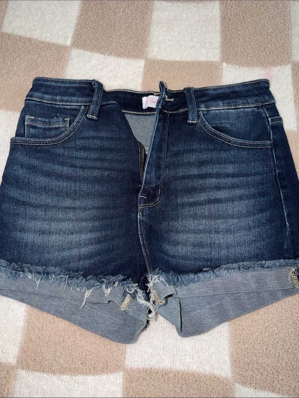 Pink Lily Dark Blue Denim Jean Shorts with Frayed Cuffs